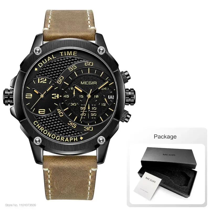 MEGIR Men's Double Time Zone Chronograph Quartz Watches Waterproof Lumious Leather Band Army Sports Wristwatch for Man 2093G-BK