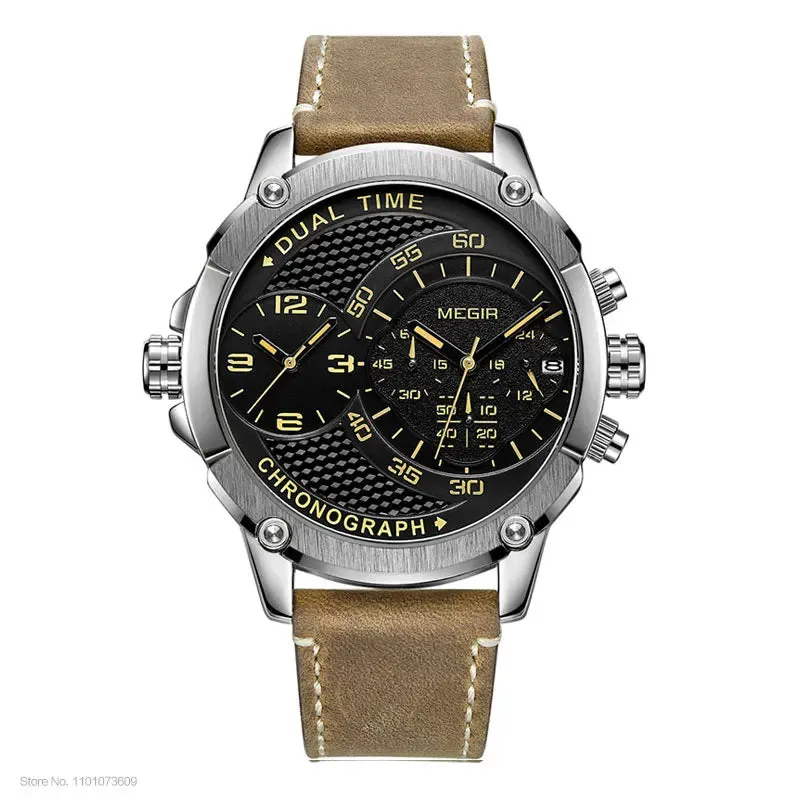 MEGIR Men's Double Time Zone Chronograph Quartz Watches Waterproof Lumious Leather Band Army Sports Wristwatch for Man 2093G-BK