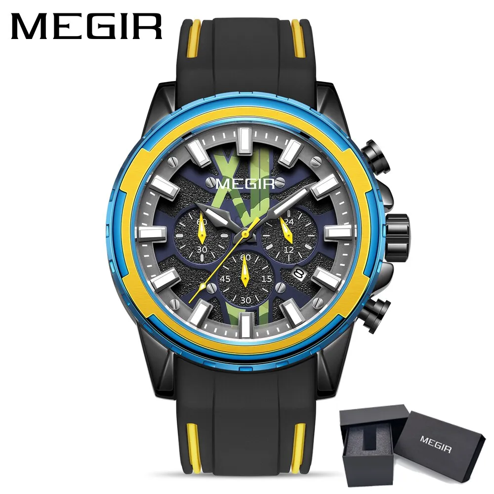 MEGIR New Creative Men Watch Quartz Watches Luxury Mens Watches Sport Silicone Waterproof Chronograph For Male Gift Date Clock