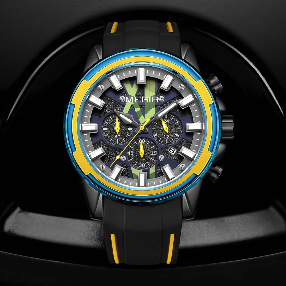 MEGIR New Creative Men Watch Quartz Watches Luxury Mens Watches Sport Silicone Waterproof Chronograph For Male Gift Date Clock