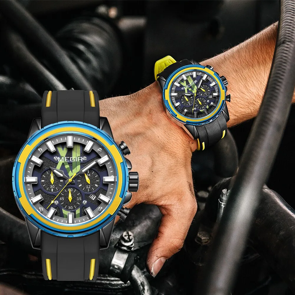 MEGIR New Creative Men Watch Quartz Watches Luxury Mens Watches Sport Silicone Waterproof Chronograph For Male Gift Date Clock