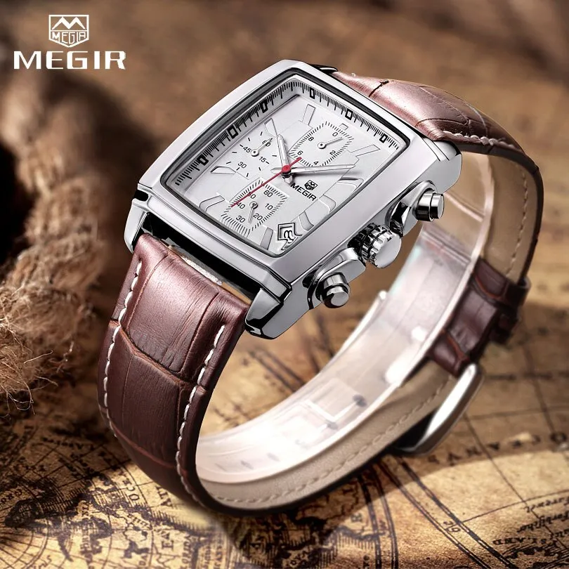 MEGIR Original Brand Quartz Men Watch Mens Genuine Leather Waterproof Military Watches for Male Chronograph Sports Wristwatch