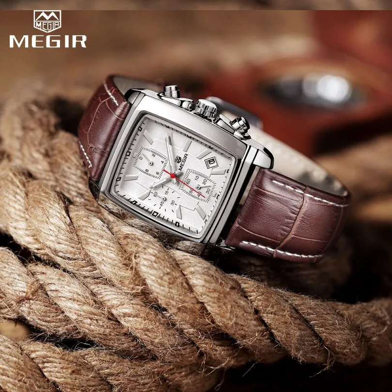 MEGIR Original Brand Quartz Men Watch Mens Genuine Leather Waterproof Military Watches for Male Chronograph Sports Wristwatch