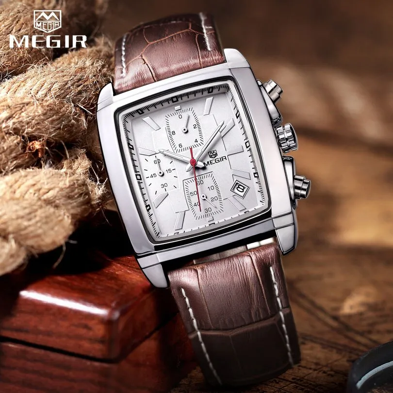 MEGIR Original Brand Quartz Men Watch Mens Genuine Leather Waterproof Military Watches for Male Chronograph Sports Wristwatch