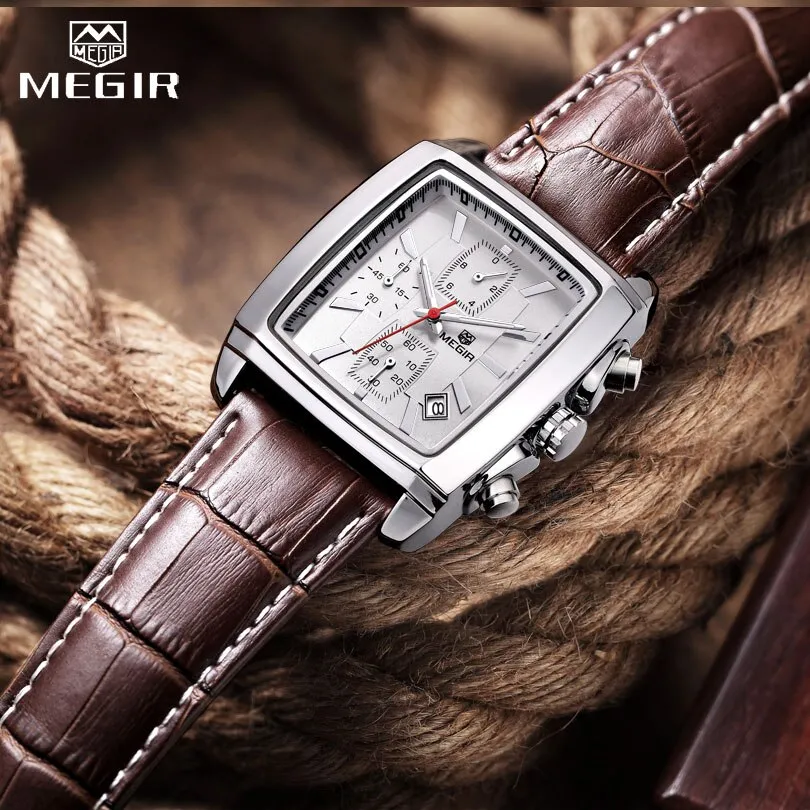MEGIR Original Brand Quartz Men Watch Mens Genuine Leather Waterproof Military Watches for Male Chronograph Sports Wristwatch
