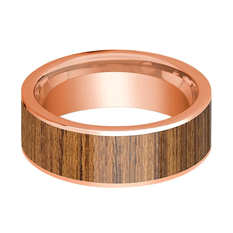 Men's 14k Rose Gold Flat Wedding Band with Teak Wood Inlay Polished Finish - 8MM