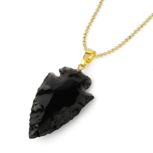 Men's Arrowhead Necklace Black Obsidian On Gold Chain Raw Natural Gem Stone No Two Are Alike Southwestern Western Native American Indian Jewelry