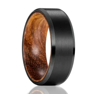 Men's Beveled Black Tungsten Wedding Band with Zebra Wood Sleeve - 8mm