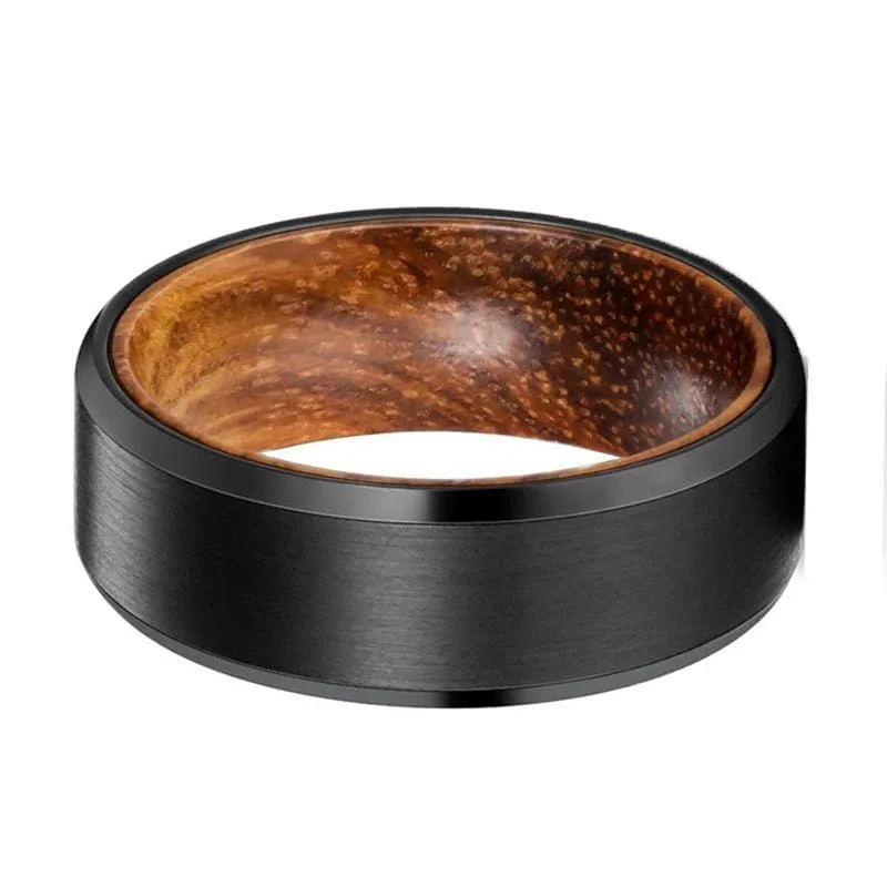 Men's Beveled Black Tungsten Wedding Band with Zebra Wood Sleeve - 8mm