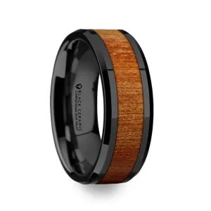 Men's Black Ceramic Wedding Band With Real Carpathian Wood Inlay 8mm