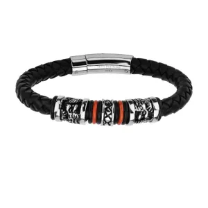 Men's Braided Leather Bracelet with Steel Beads and Orange Accents - Black