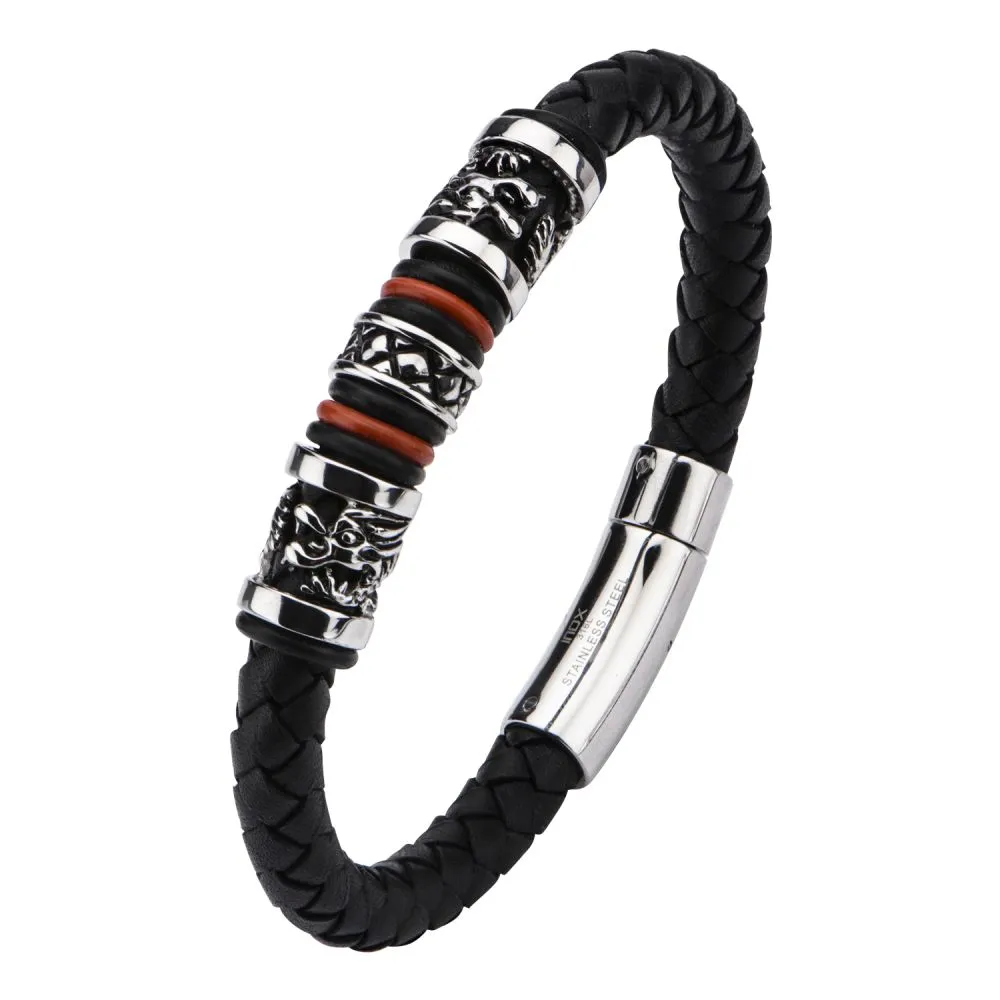 Men's Braided Leather Bracelet with Steel Beads and Orange Accents - Black