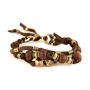 Mens Brown Multi Strand Lamb Leather Bracelet with Bodhi Seed and Metal Beads
