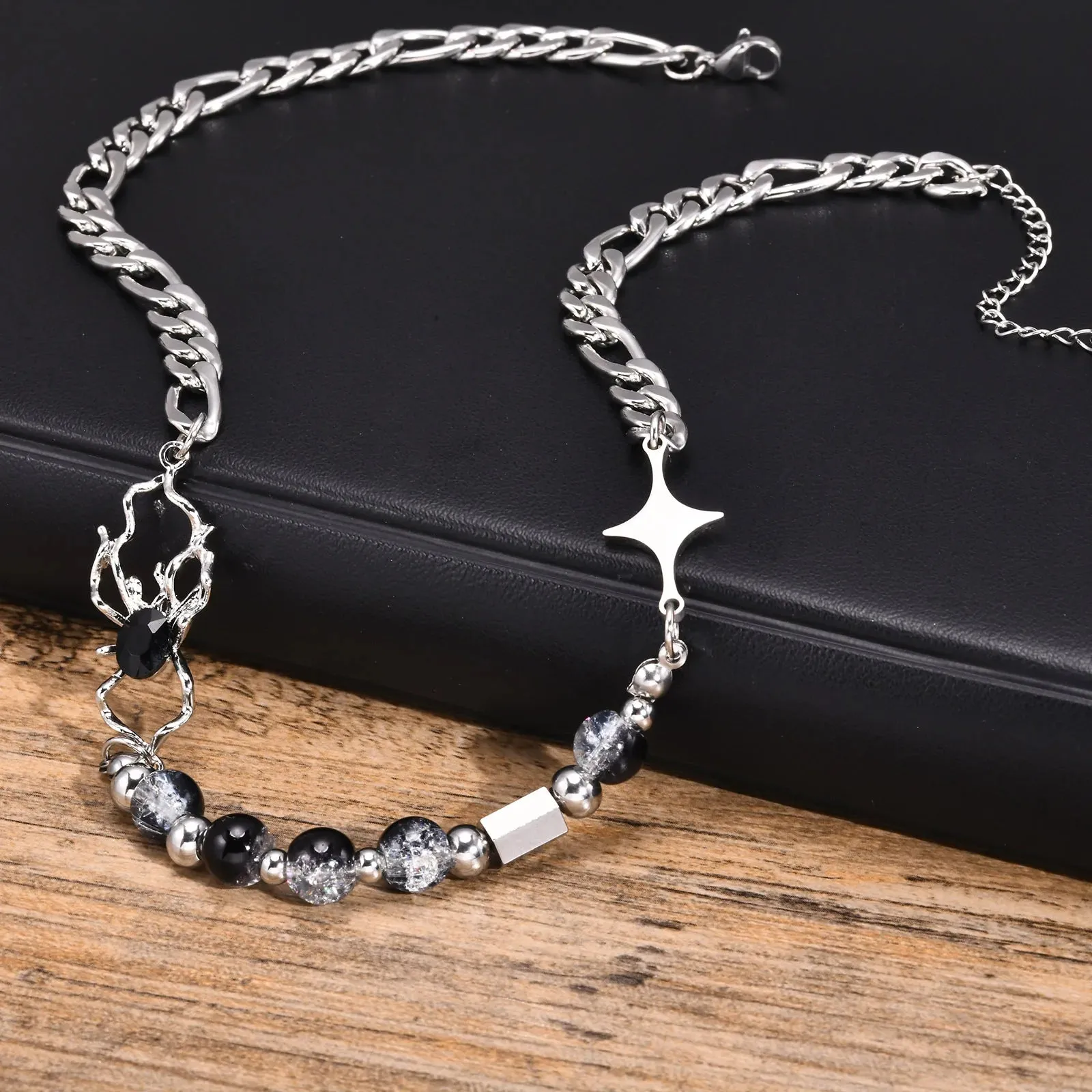 Mens Glass Beads Chain Necklaces,Waterproof Stainless Steel Figaro Chain Choker Collar