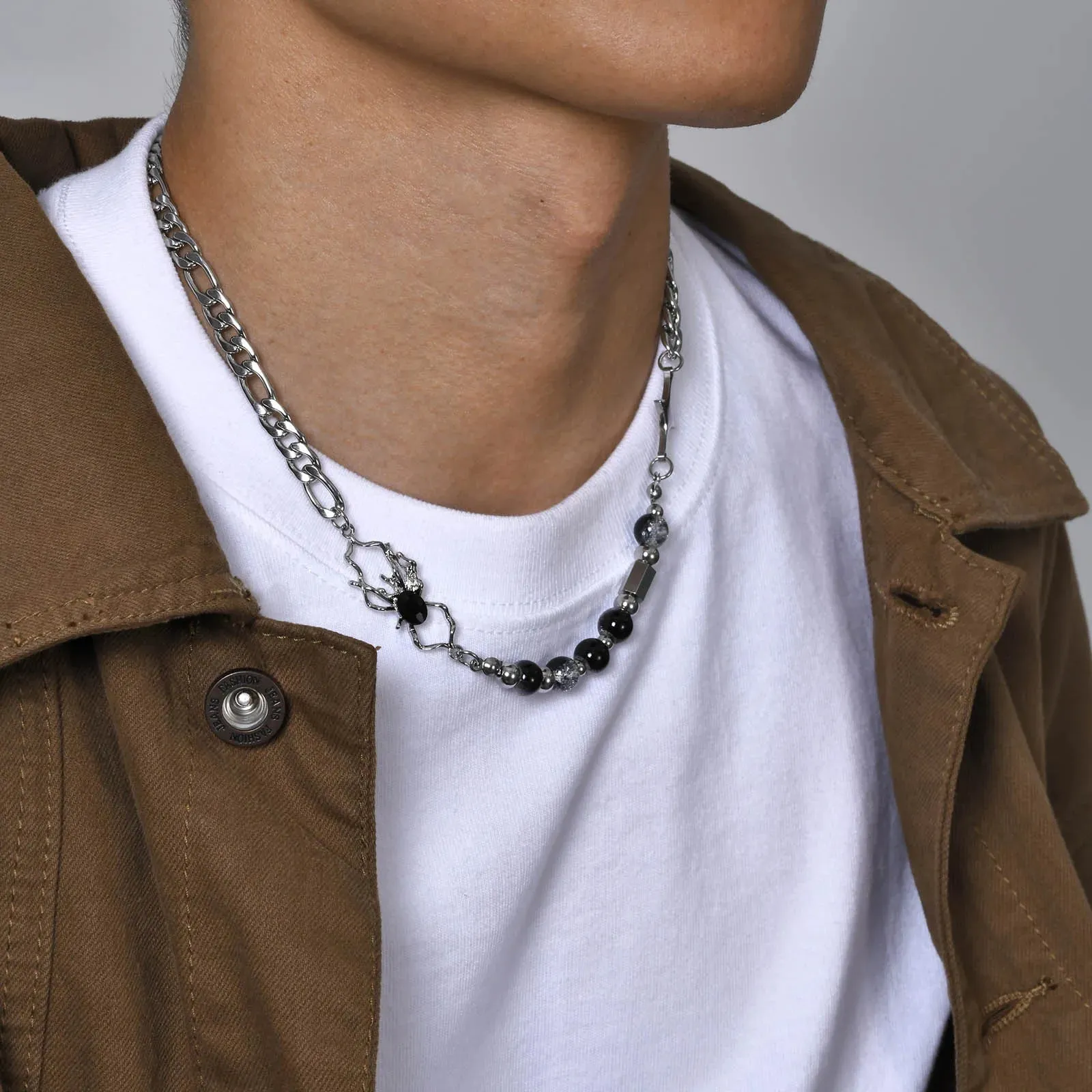 Mens Glass Beads Chain Necklaces,Waterproof Stainless Steel Figaro Chain Choker Collar
