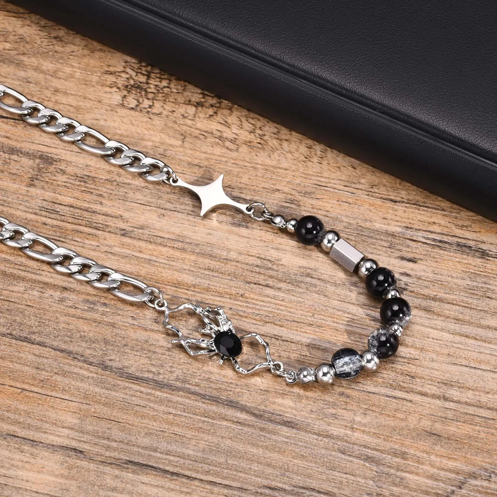 Mens Glass Beads Chain Necklaces,Waterproof Stainless Steel Figaro Chain Choker Collar