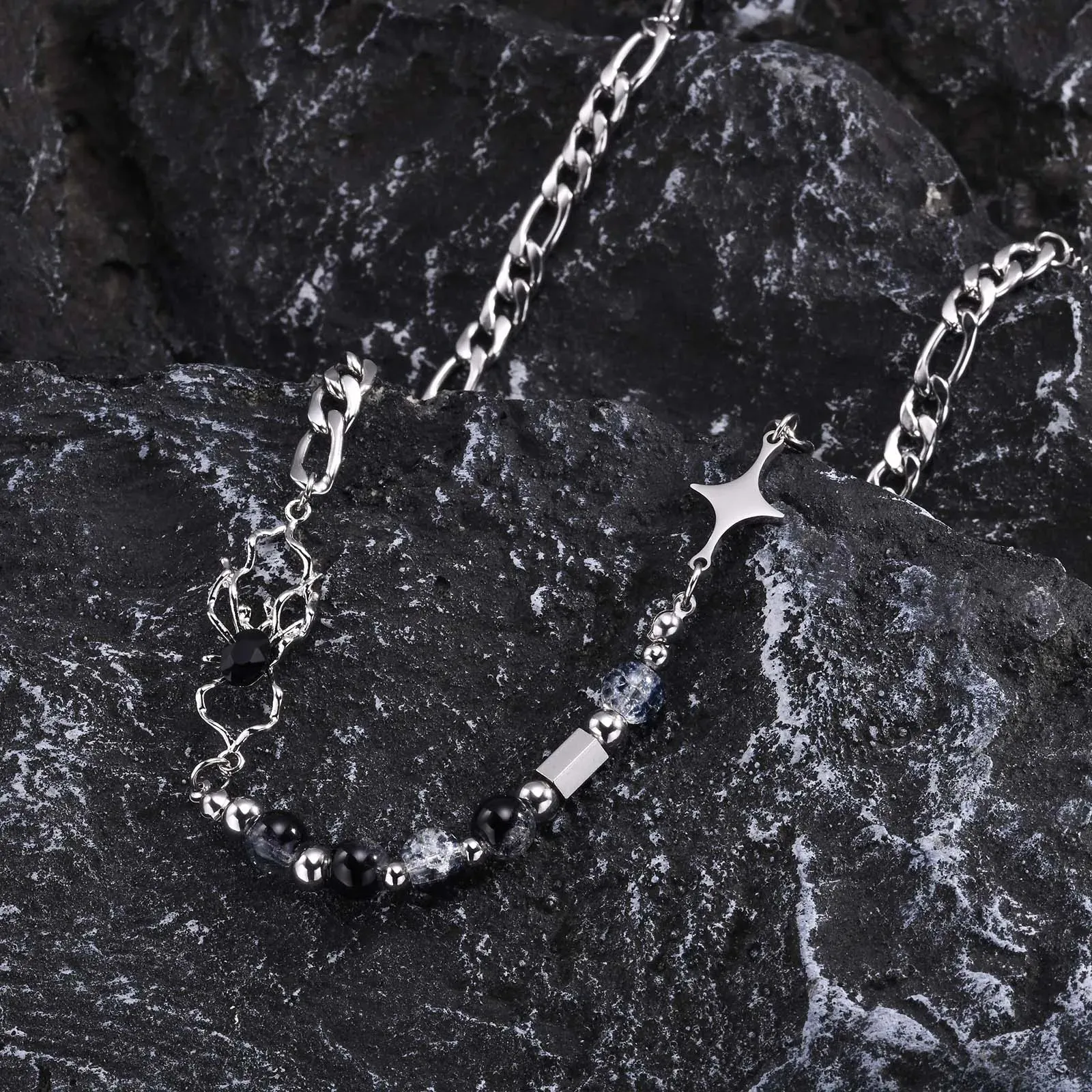 Mens Glass Beads Chain Necklaces,Waterproof Stainless Steel Figaro Chain Choker Collar