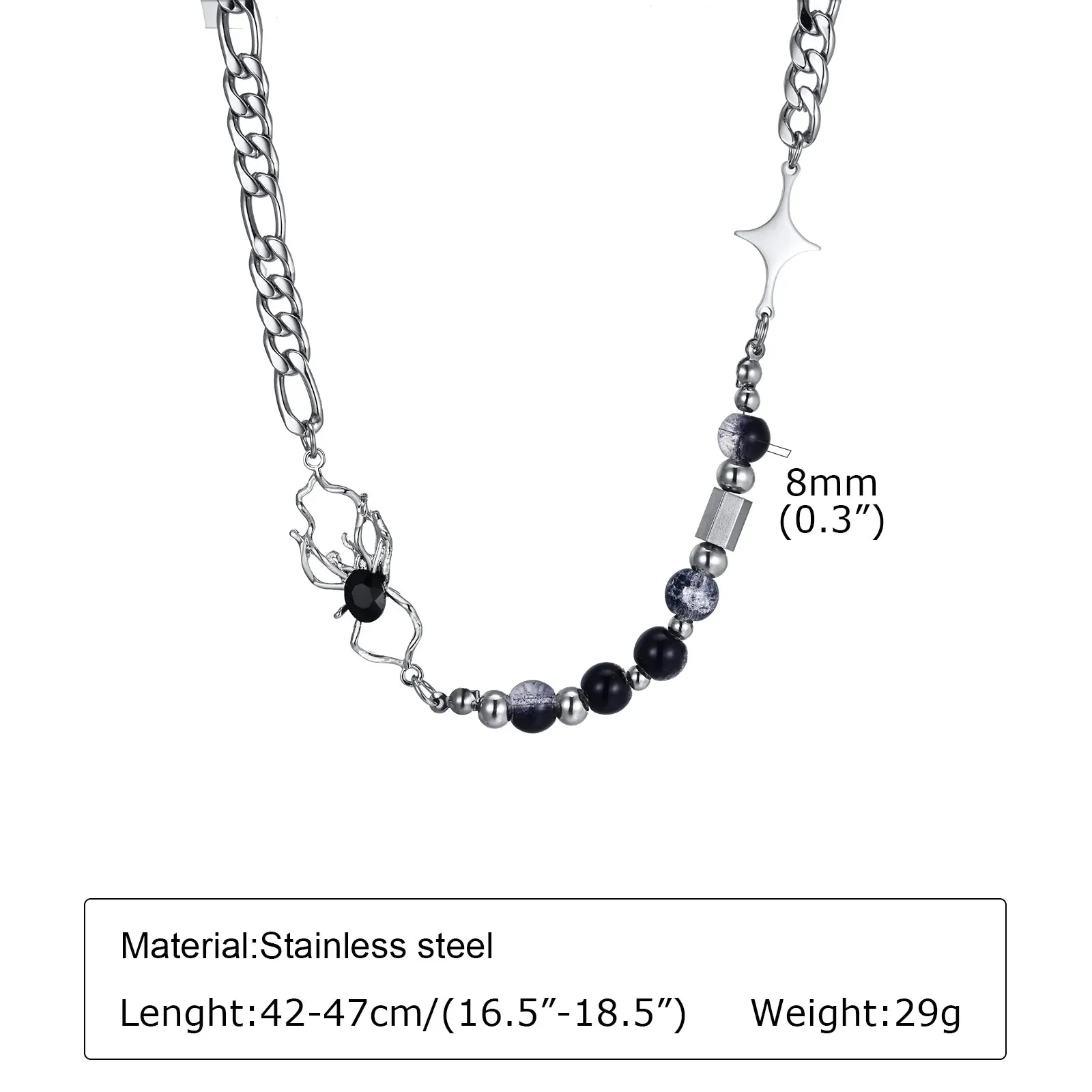 Mens Glass Beads Chain Necklaces,Waterproof Stainless Steel Figaro Chain Choker Collar