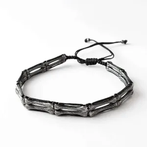 Men's Handmade Strand Bracelet Silver Bones & Black Thread
