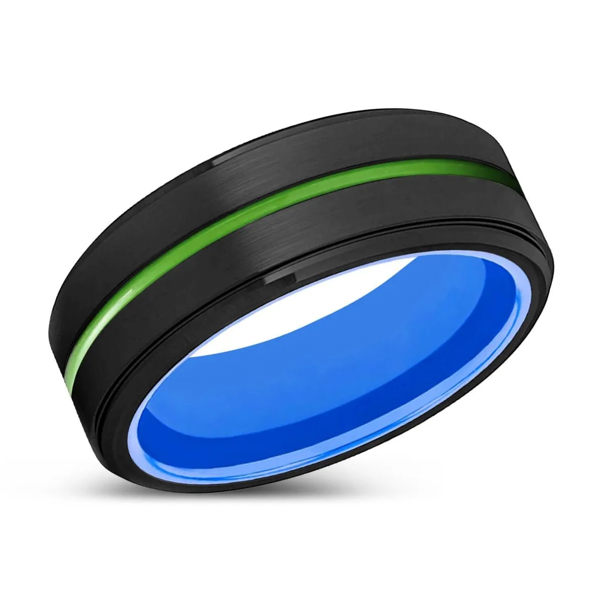 METAIRIE | Blue Ring, Black Tungsten Ring, Green Groove, Stepped Edge