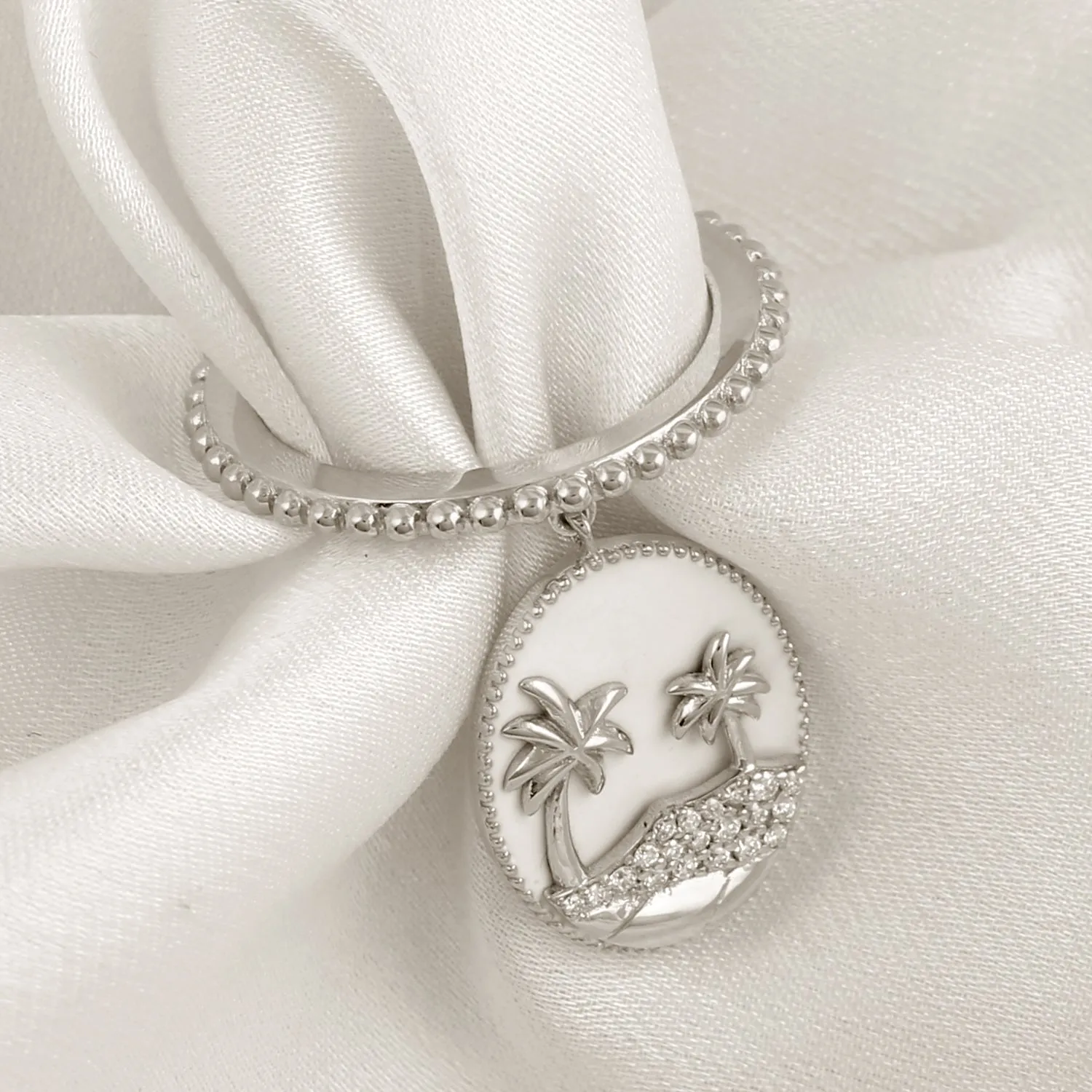 Micro Pave Diamond Coconut Tree Beach Charm 18k White Gold Ring For Gift