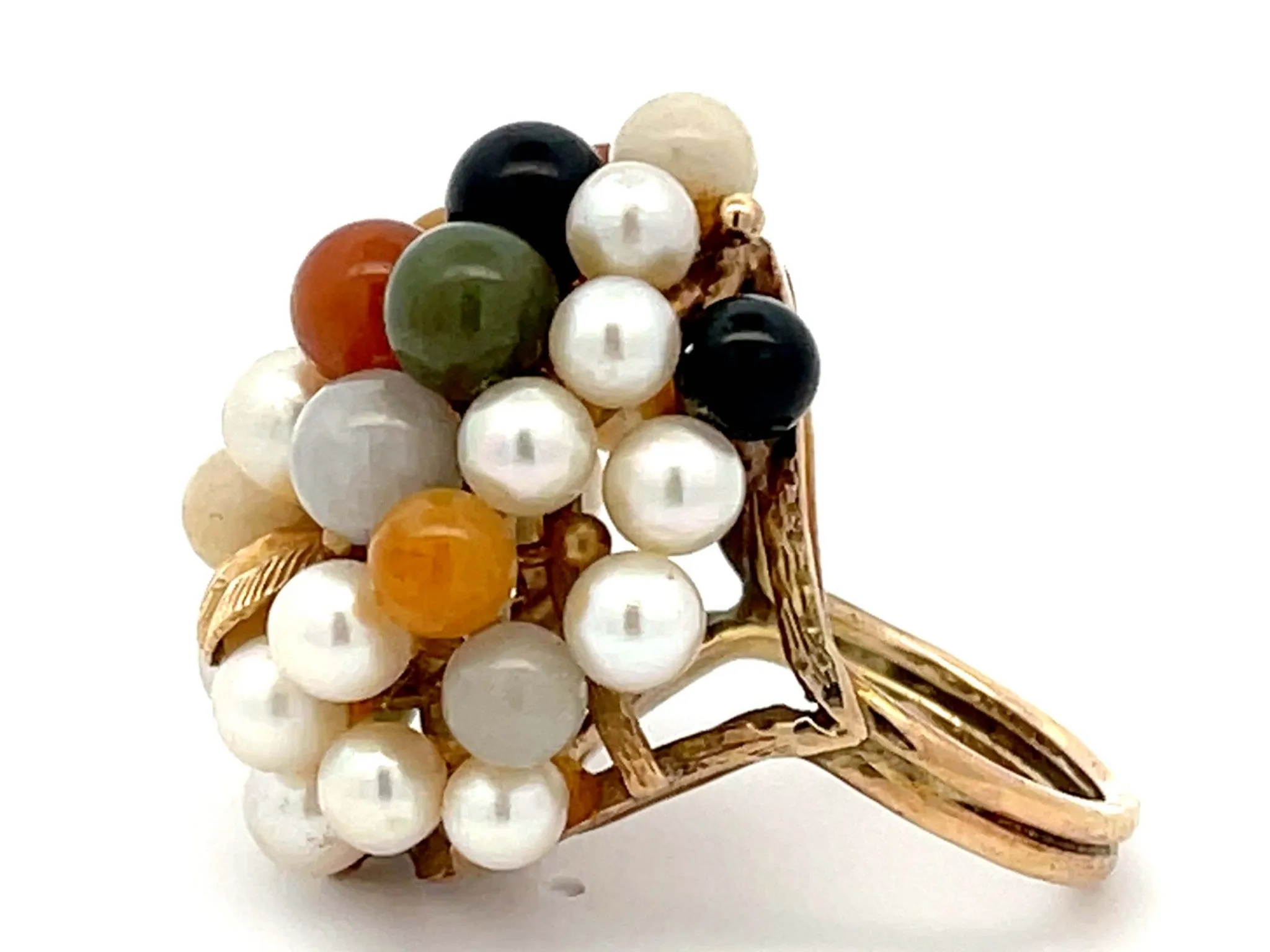 Mings Large Pearl and Jade Leaf Ring in 14k Yellow Gold