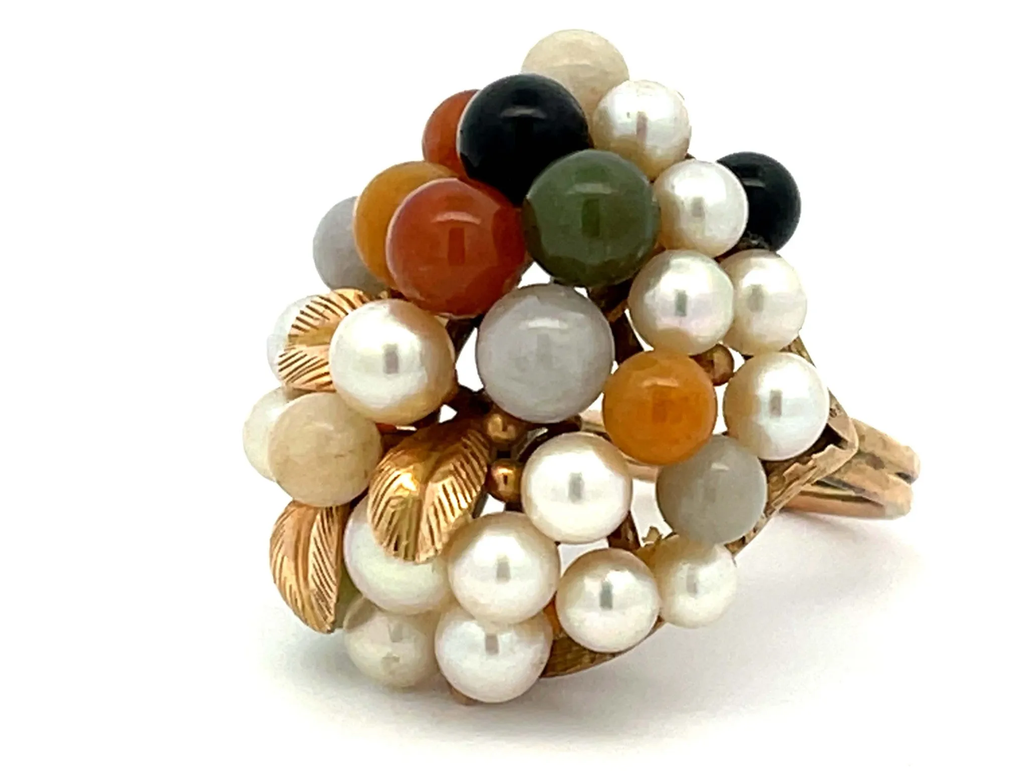 Mings Large Pearl and Jade Leaf Ring in 14k Yellow Gold