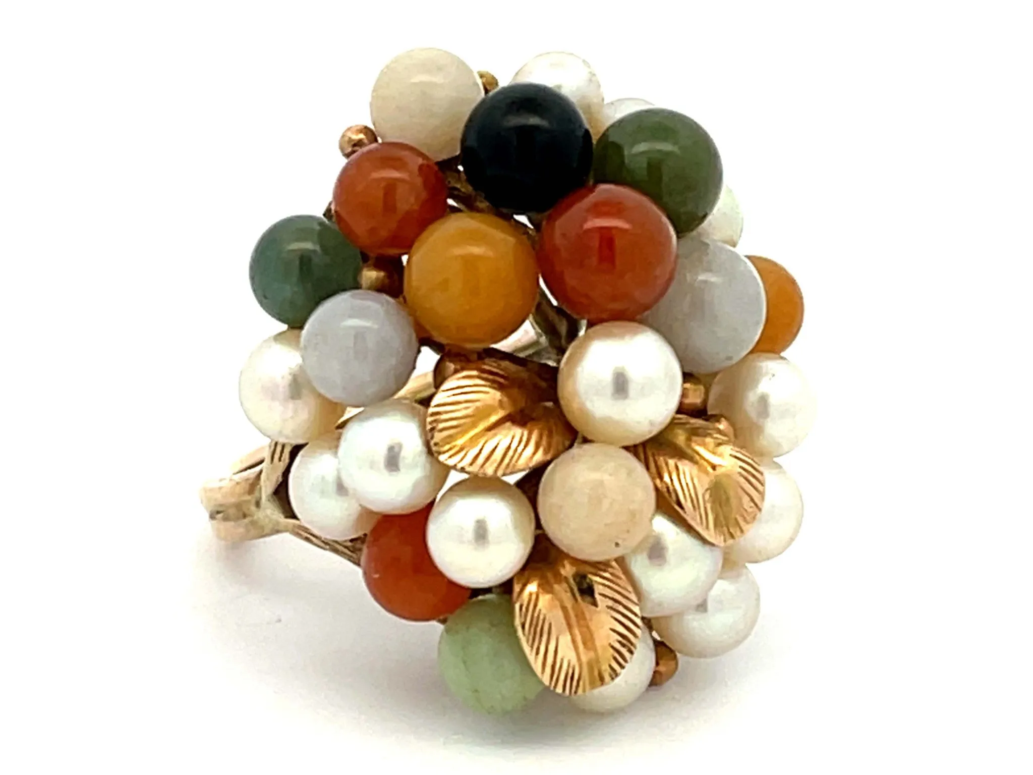 Mings Large Pearl and Jade Leaf Ring in 14k Yellow Gold