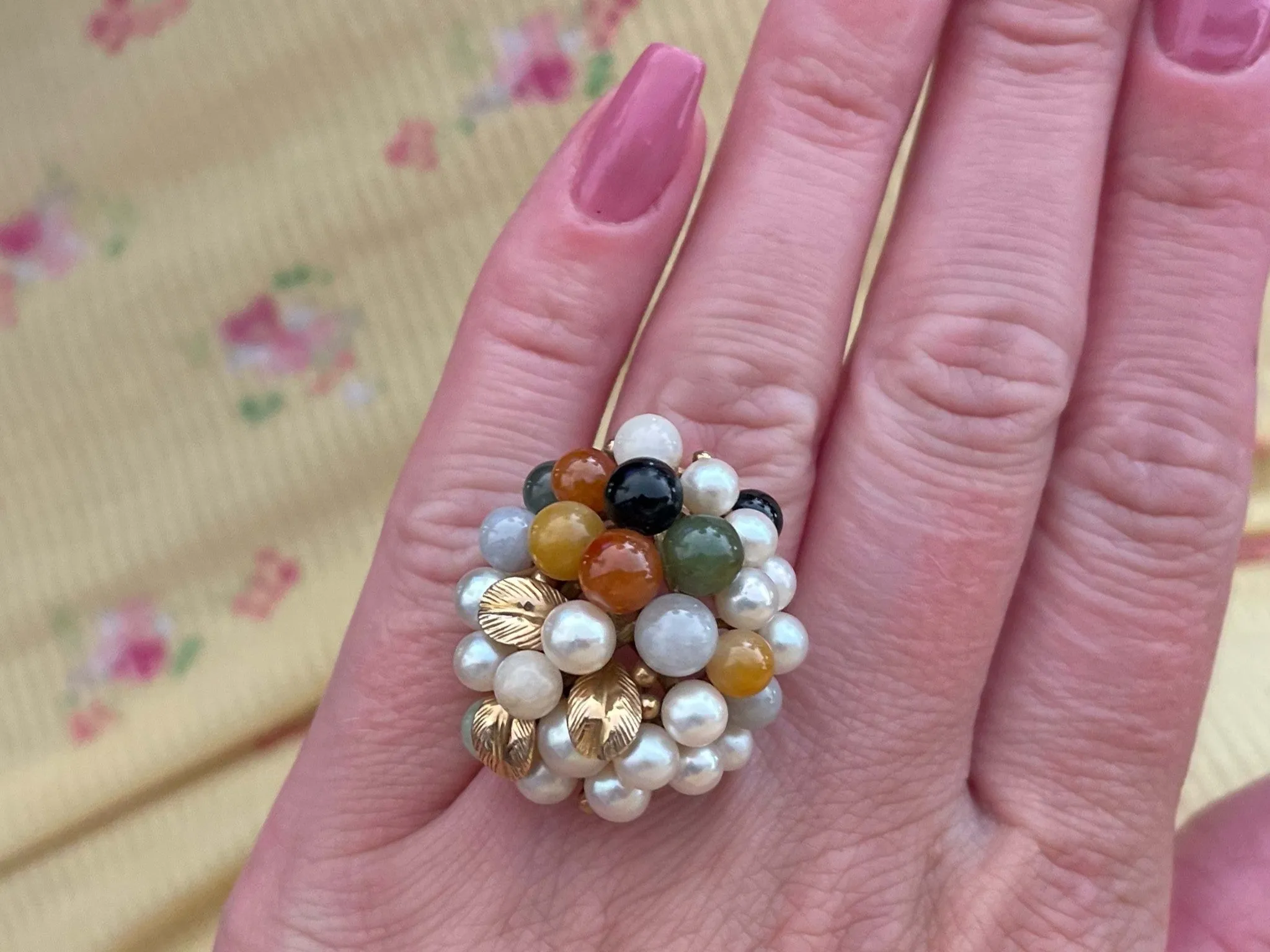 Mings Large Pearl and Jade Leaf Ring in 14k Yellow Gold