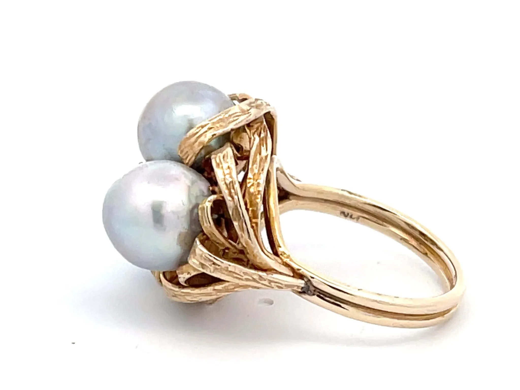 Mings Three Silver Pearl Ring in 14k Yellow Gold