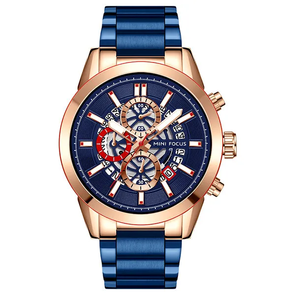 Mini Focus Blue Stainless Steel Blue Dial Chronograph Quartz Watch for Gents - MF0285G-02