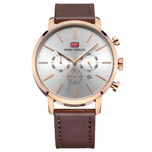 Mini Focus Brown Leather Strap Silver Dial Chronograph Quartz Watch for Gents - MF0023G-03