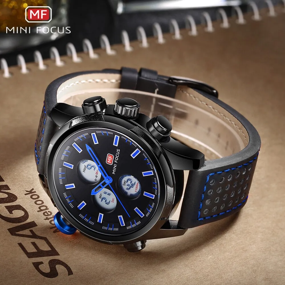 MINI FOCUS Men Watch Casual Fashion LED Quartz Analog Men&#39;s Sports Watches Genuine Leather Chronograph Male Dual Display Clock