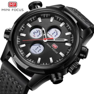 MINI FOCUS Men Watch Casual Fashion LED Quartz Analog Men&#39;s Sports Watches Genuine Leather Chronograph Male Dual Display Clock