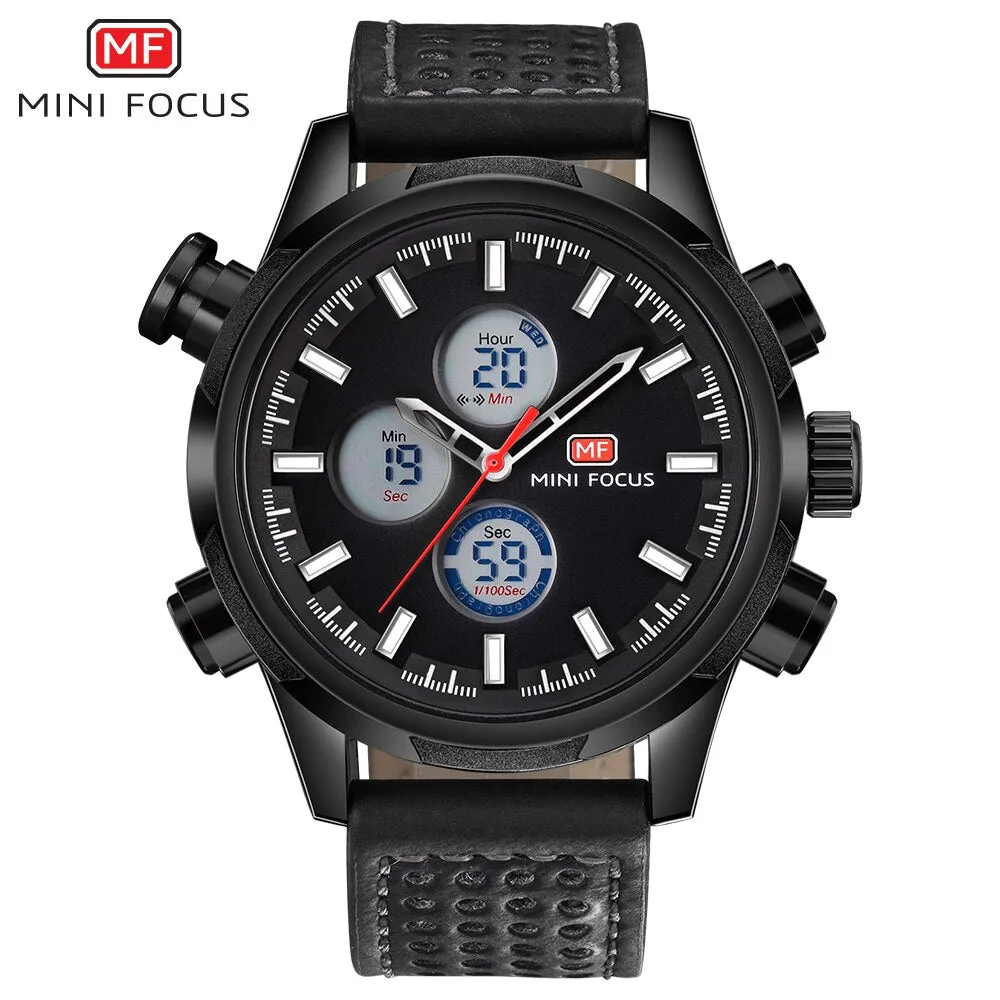 MINI FOCUS Men Watch Casual Fashion LED Quartz Analog Men&#39;s Sports Watches Genuine Leather Chronograph Male Dual Display Clock