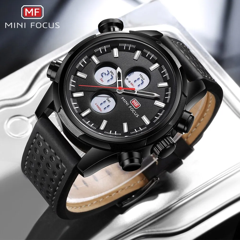 MINI FOCUS Men Watch Casual Fashion LED Quartz Analog Men&#39;s Sports Watches Genuine Leather Chronograph Male Dual Display Clock