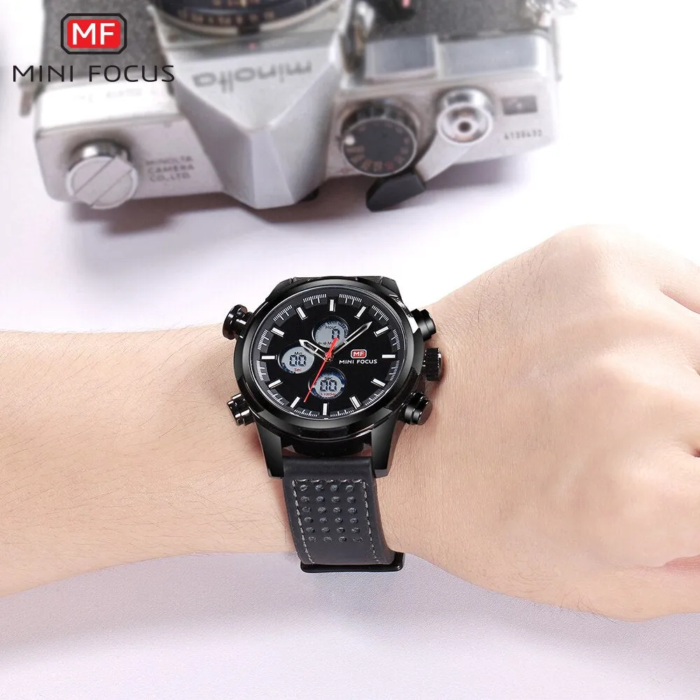 MINI FOCUS Men Watch Casual Fashion LED Quartz Analog Men&#39;s Sports Watches Genuine Leather Chronograph Male Dual Display Clock