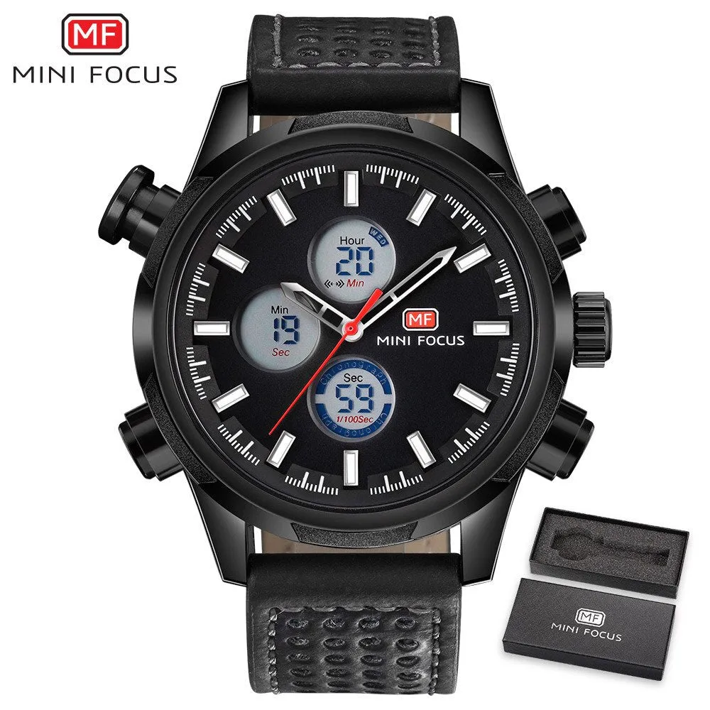 MINI FOCUS Men Watch Casual Fashion LED Quartz Analog Men&#39;s Sports Watches Genuine Leather Chronograph Male Dual Display Clock