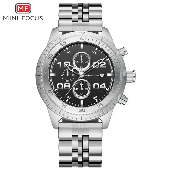 Mini Focus Silver Stainless Steel Black Dial Chronograph Quartz Watch for Gents - MF0230G-02