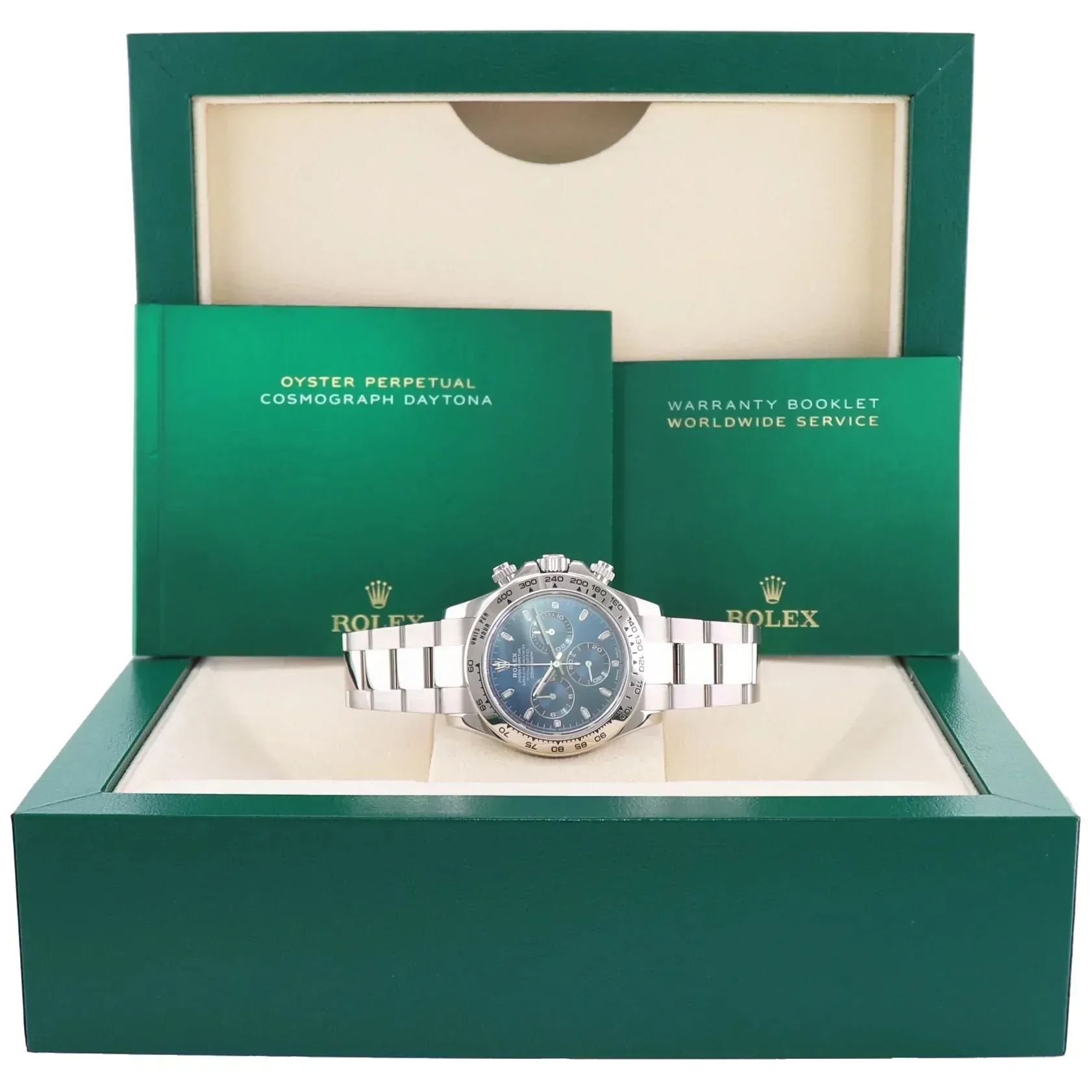 MINT 2022 Rolex Daytona Blue Dial Cosmograph Chrono 116509 White Gold Watch Box