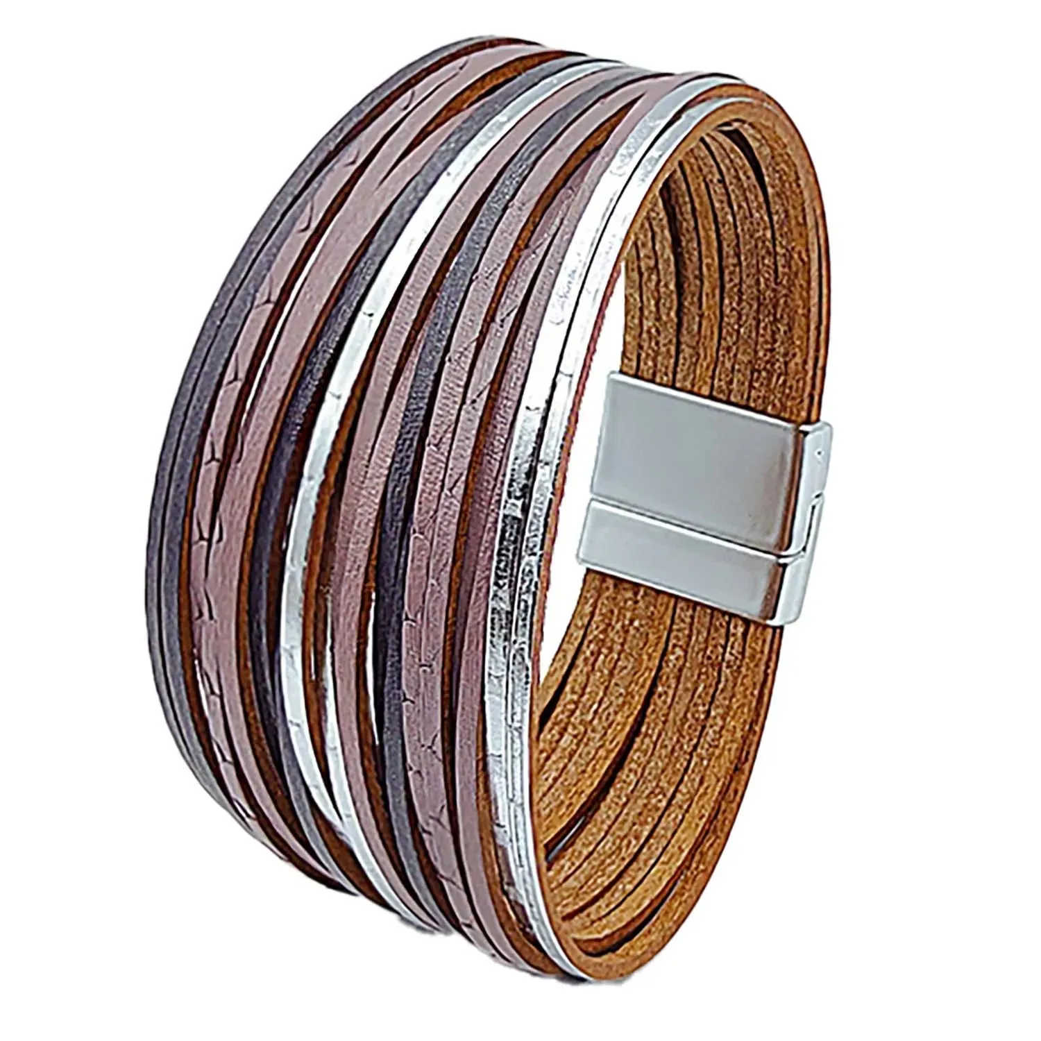 Mixed Color Multilayer Women Bracelet Handmade Leather Bracelet For Women Magnet Buckle Wide Bracelet
