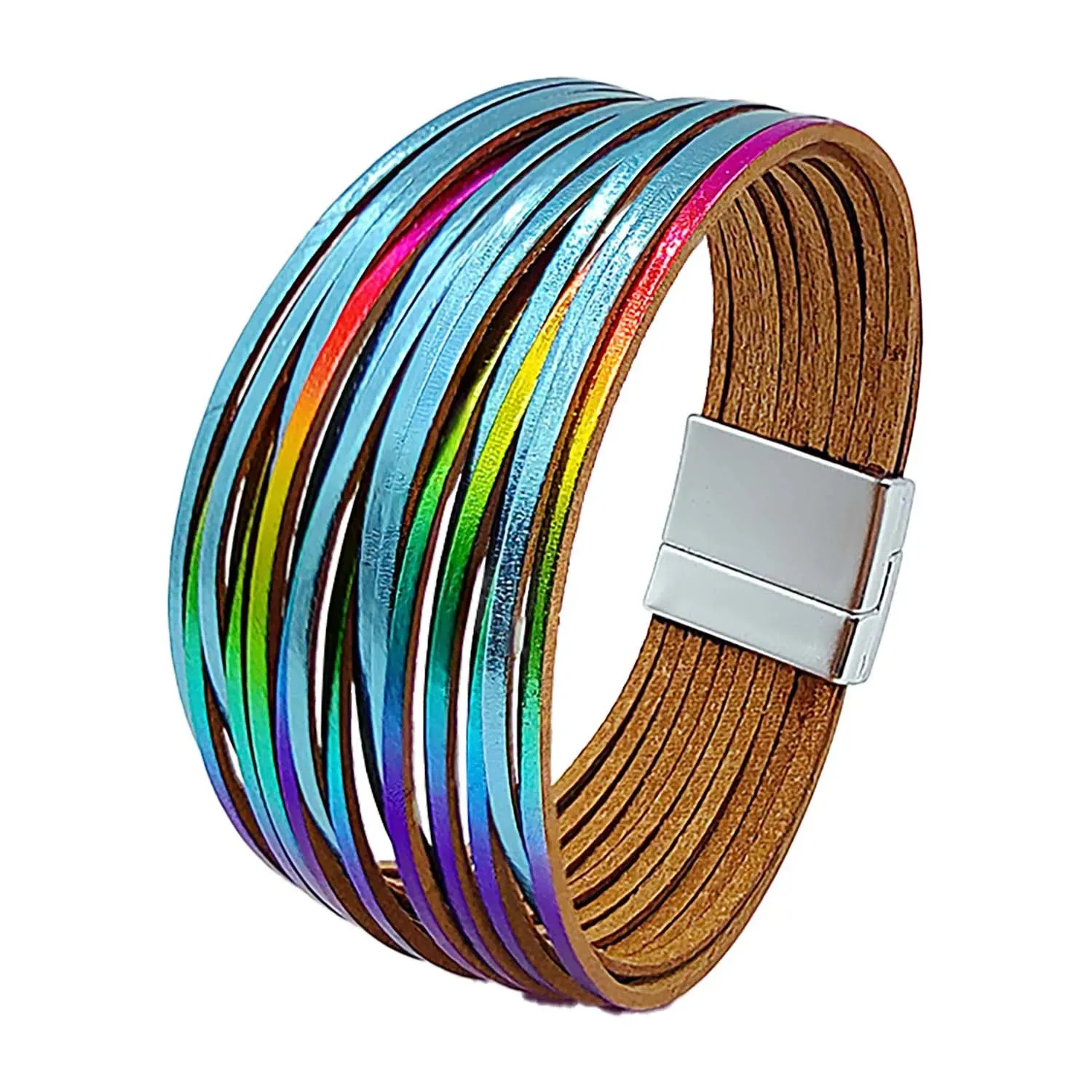 Mixed Color Multilayer Women Bracelet Handmade Leather Bracelet For Women Magnet Buckle Wide Bracelet