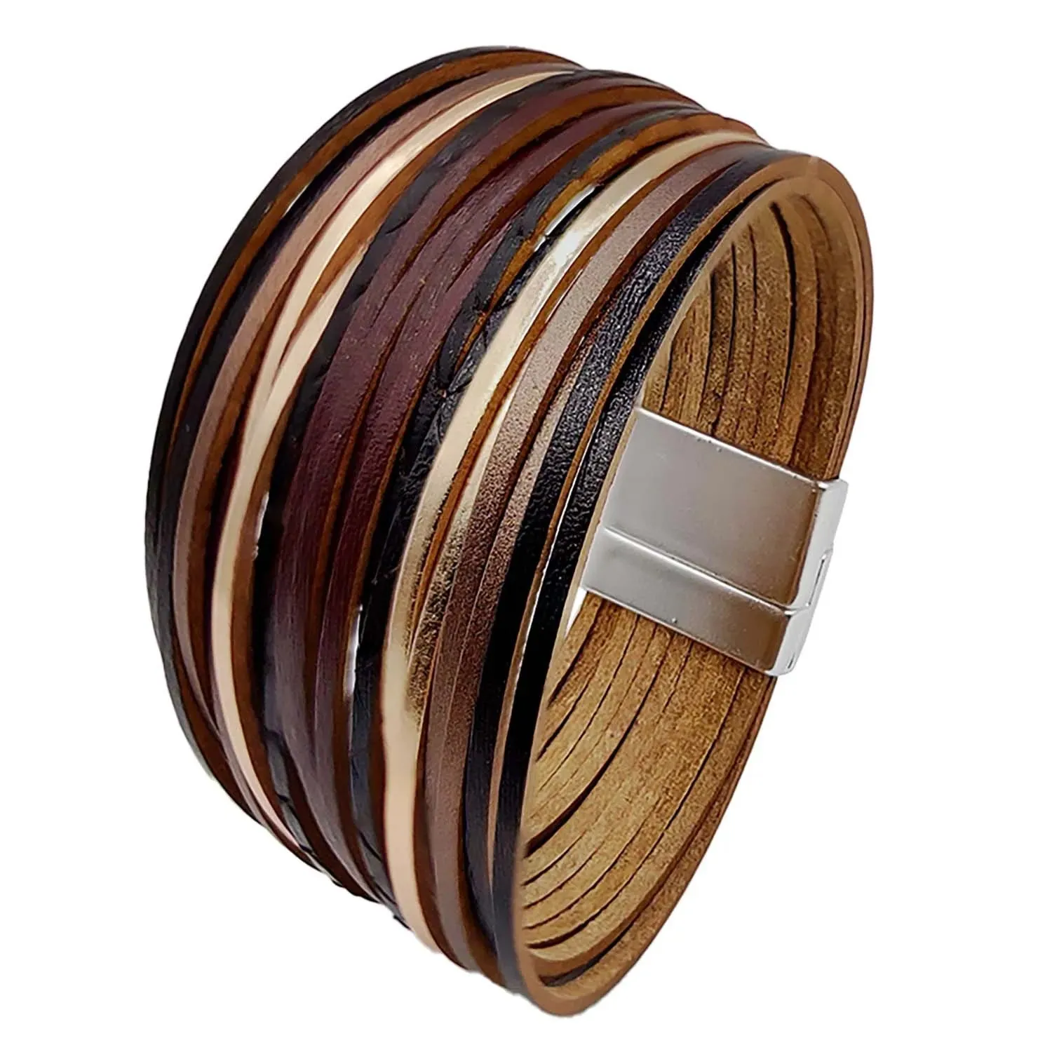 Mixed Color Multilayer Women Bracelet Handmade Leather Bracelet For Women Magnet Buckle Wide Bracelet