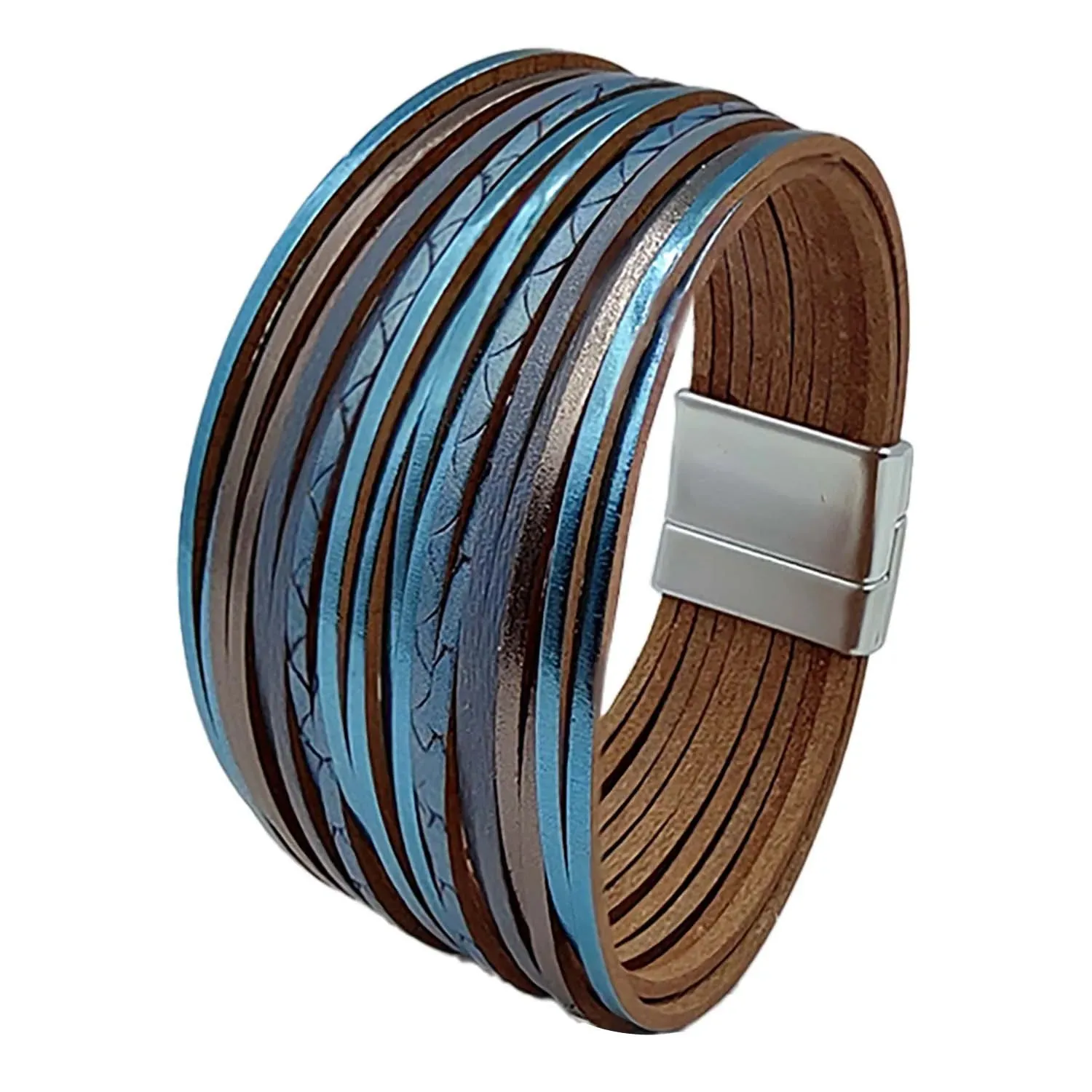Mixed Color Multilayer Women Bracelet Handmade Leather Bracelet For Women Magnet Buckle Wide Bracelet