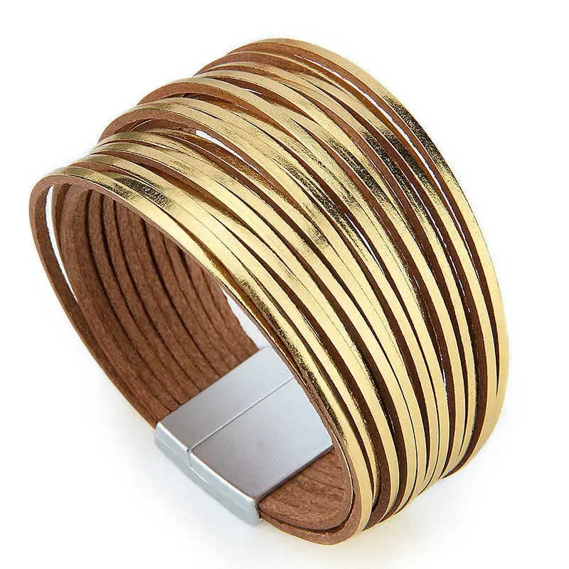 Mixed Color Multilayer Women Bracelet Handmade Leather Bracelet For Women Magnet Buckle Wide Bracelet