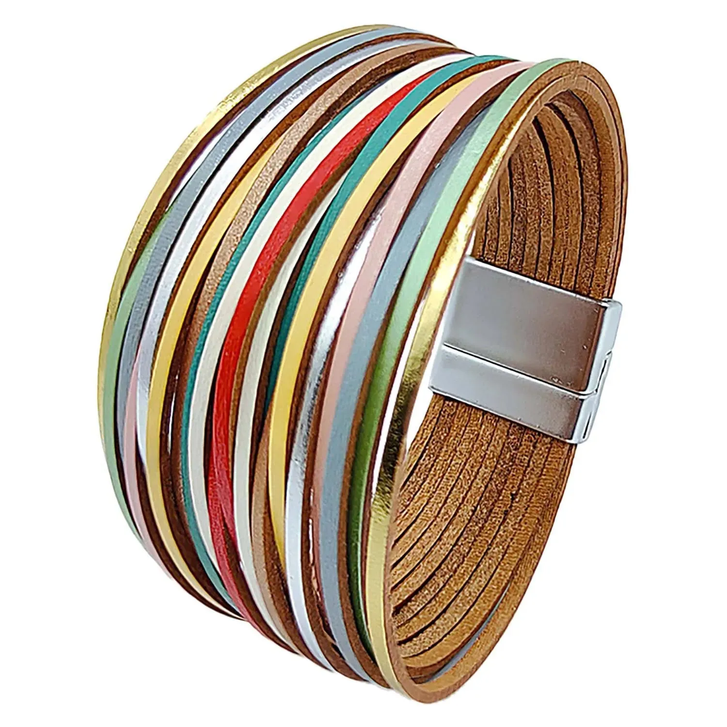 Mixed Color Multilayer Women Bracelet Handmade Leather Bracelet For Women Magnet Buckle Wide Bracelet
