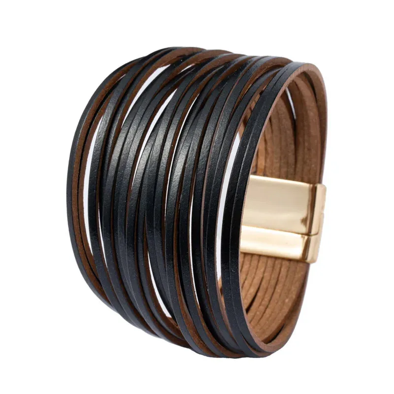 Mixed Color Multilayer Women Bracelet Handmade Leather Bracelet For Women Magnet Buckle Wide Bracelet