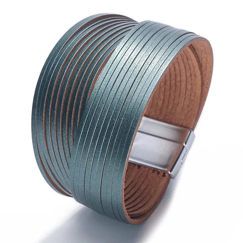 Mixed Color Multilayer Women Bracelet Handmade Leather Bracelet For Women Magnet Buckle Wide Bracelet