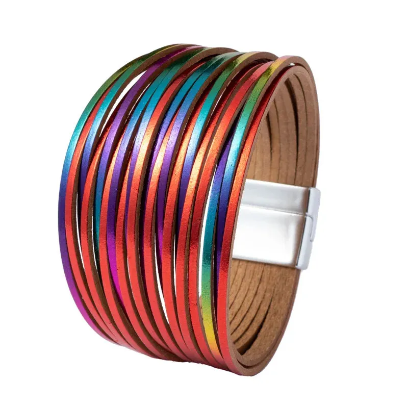 Mixed Color Multilayer Women Bracelet Handmade Leather Bracelet For Women Magnet Buckle Wide Bracelet