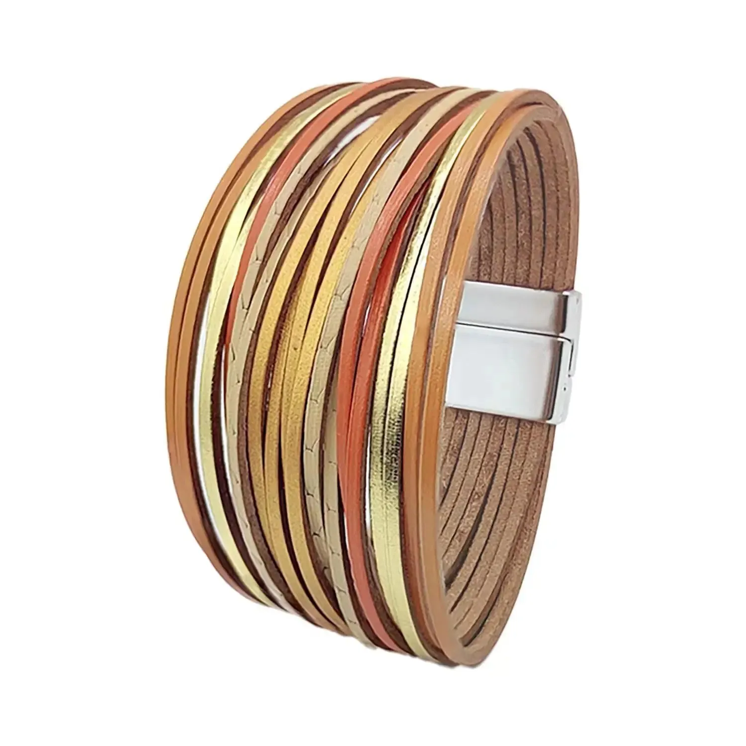 Mixed Color Multilayer Women Bracelet Handmade Leather Bracelet For Women Magnet Buckle Wide Bracelet